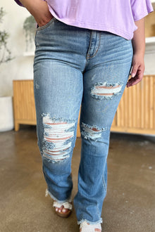  Judy Blue Full Size Distressed Raw Hem Bootcut Jeans