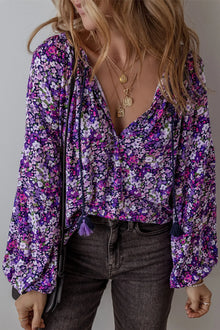  Floral Tie Neck Long Sleeve Blouse