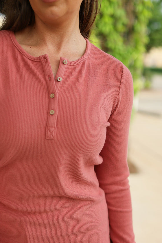 IN STOCK Brielle Henley Ribbed Long Sleeve - Terra Cotta