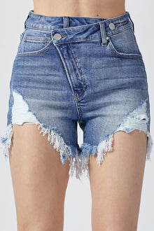  RISEN Raw Hem Asymmetrical Waist Denim Shorts