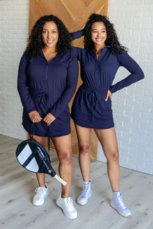  Getting Out Long Sleeve Hoodie Romper in Navy