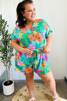  Tropical Vibes Turquoise Floral Surplice Tie Waist Romper