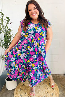  Diva Dreams Navy & Lilac Floral Fit & Flare Midi Dress