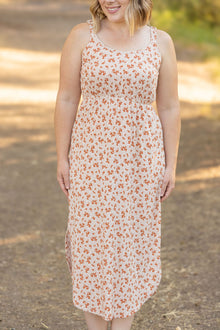  ribbed midi dress sand and rust floral womans dress