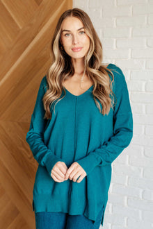  V-Neck Front Seam Sweater in Heather Ocean Teal