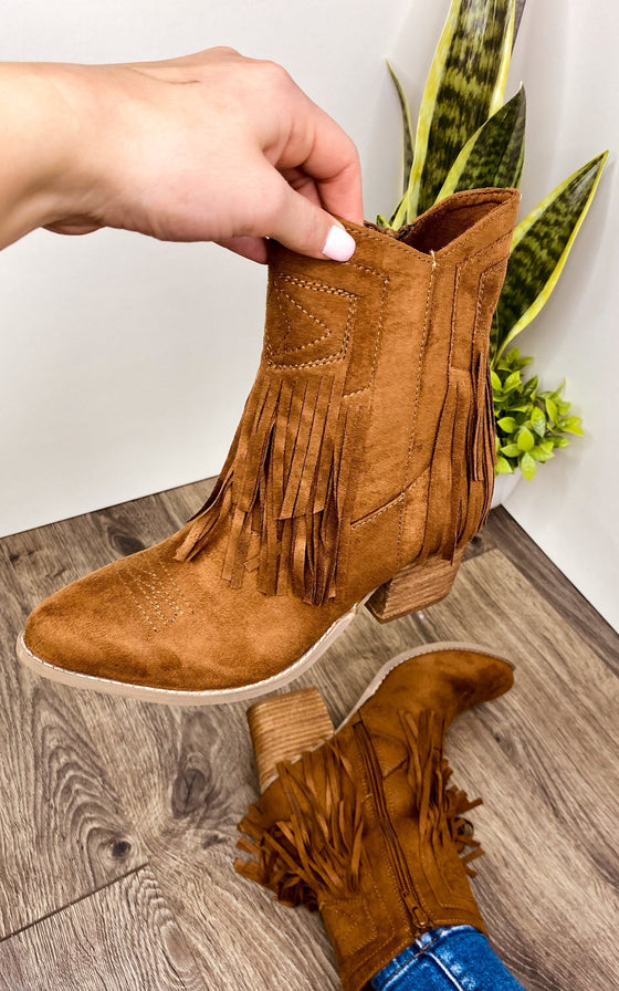 Sandra Fringe Booties in Tan