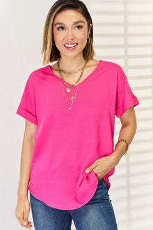  Zenana V-Neck Rolled Short Sleeve T-Shirt