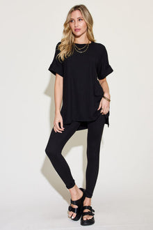  Zenana Full Size Short Sleeve Slit T-Shirt and Leggings Lounge Set